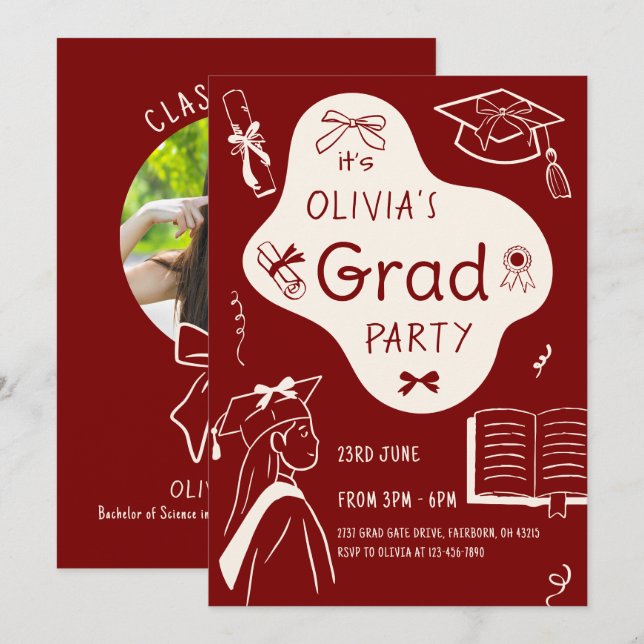 Aesthetic Whimsical Hand Drawn Graduation Party  Invitation (Front/Back)