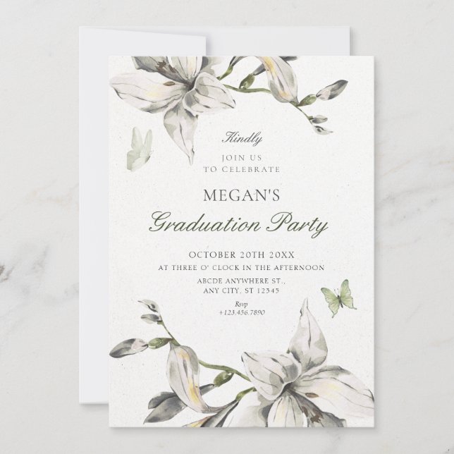 Aesthetic white grey flower bloom graduation invitation (Front)