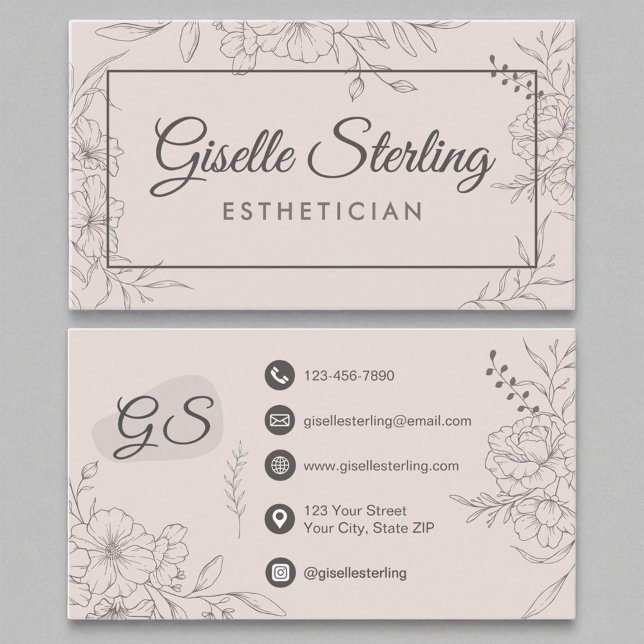 Aesthetician Blush Pink Floral Line Art Script Business Card (Creator Uploaded)