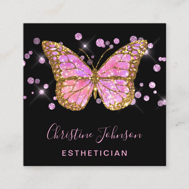 aesthetician faux glitter butterfly design square business card (Front)