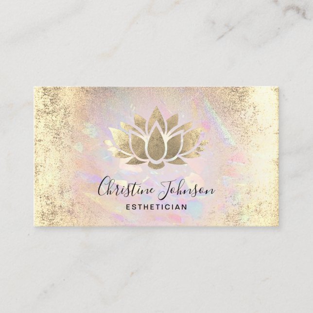 aesthetician faux gold foil lotus on opal texture business card (Front)