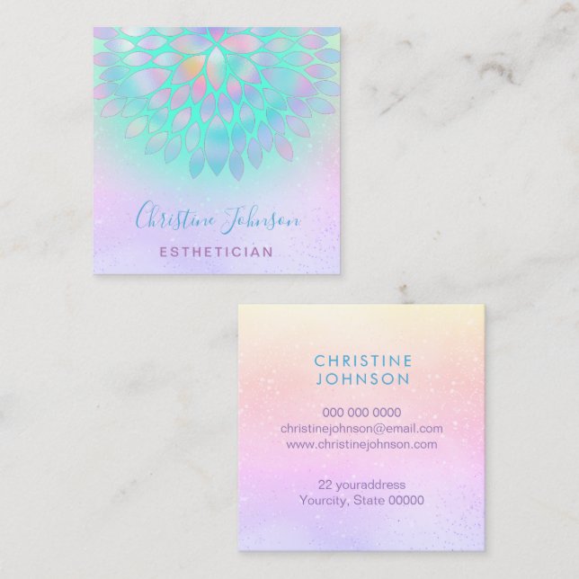 aesthetician green purple pink design square business card (Front/Back)