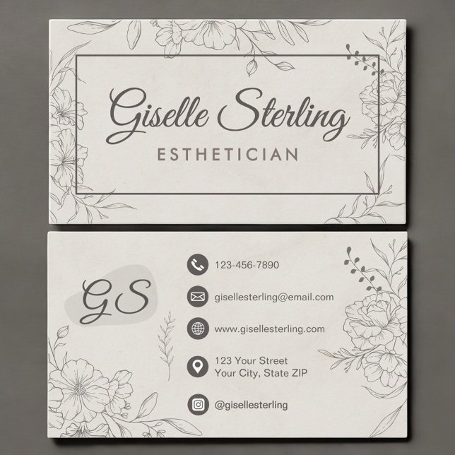 Aesthetician Marble Stone Floral Line Art Script Business Card (Creator Uploaded)