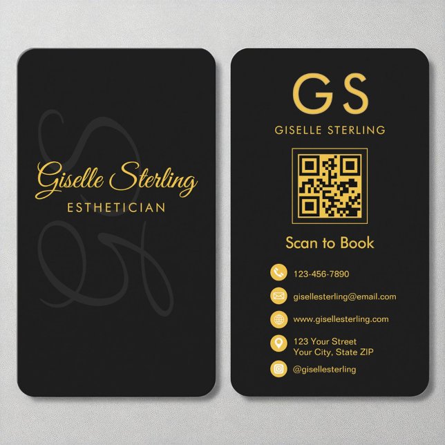 Aesthetician Monogram Black Gold QR Code Beauty Business Card (Creator Uploaded)