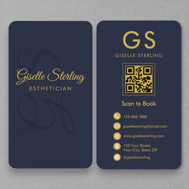 Aesthetician Monogram Navy Blue Gold QR Code Business Card (Creator Uploaded)