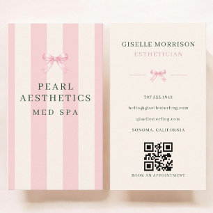 Aesthetician Pink Green Striped Bow QR Code Business Card