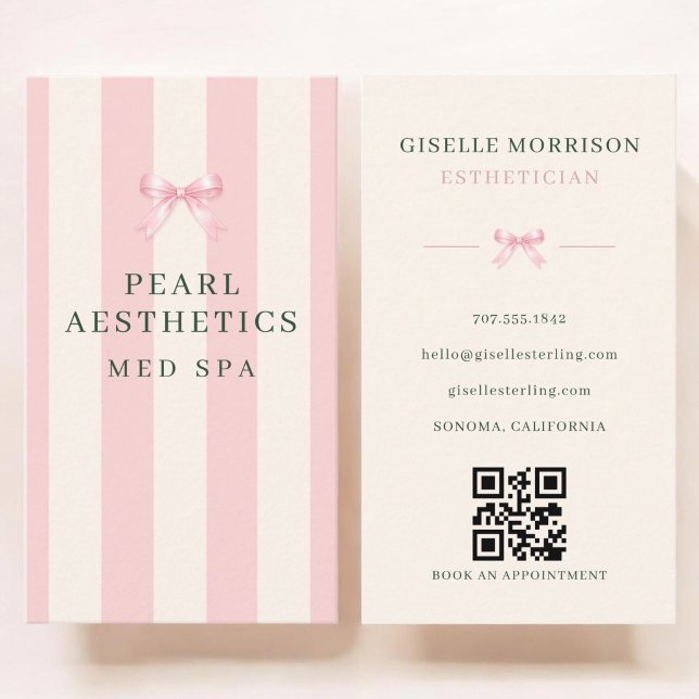 Aesthetician Pink Green Striped Bow QR Code Business Card (Creator Uploaded)