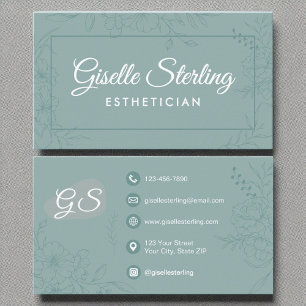 Aesthetician Teal Floral Line Art Modern Script Business Card
