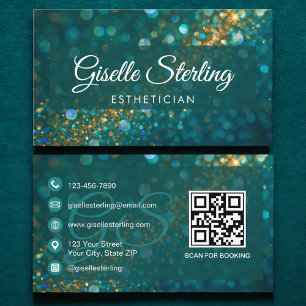 Aesthetician Teal Gold Glitter QR Code Luxury Business Card