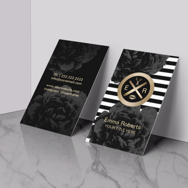 Aesthetician Wax Stick & Twezzer Logo Black Floral Business Card (Creator Uploaded)