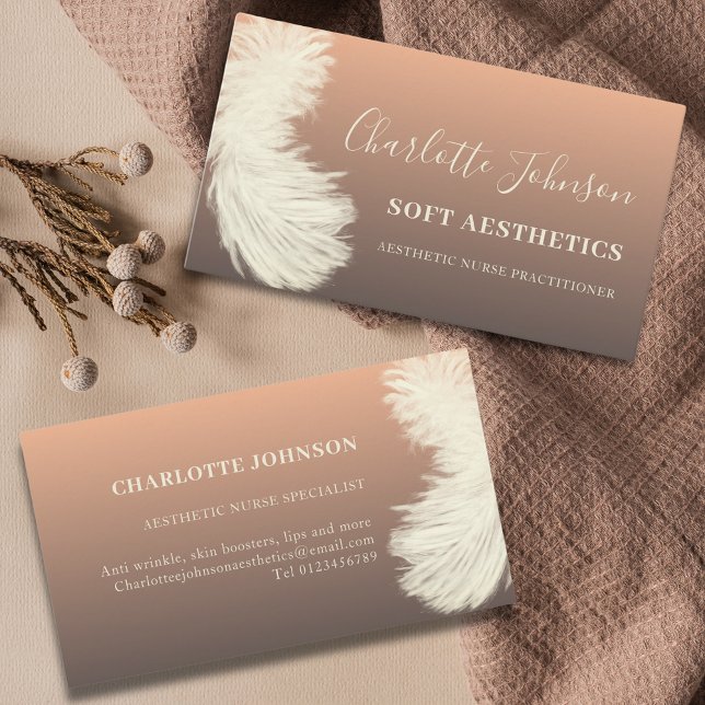 Aesthetics Skincare Modern Peach Feather Business Card (Nurse aesthetics elegant peach feather custom business card)