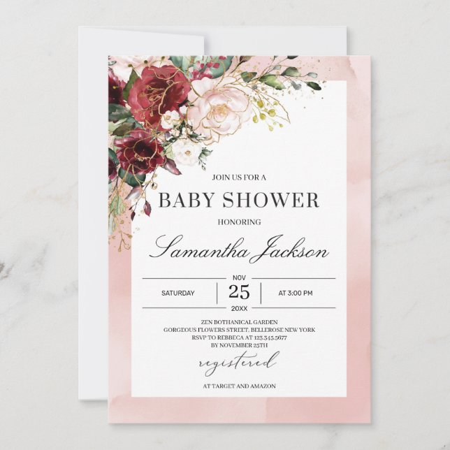 Aethereal watercolor pink burgundy floral baby invitation (Front)