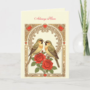 Affectionate Birds and Red Roses Art Nouveau Card