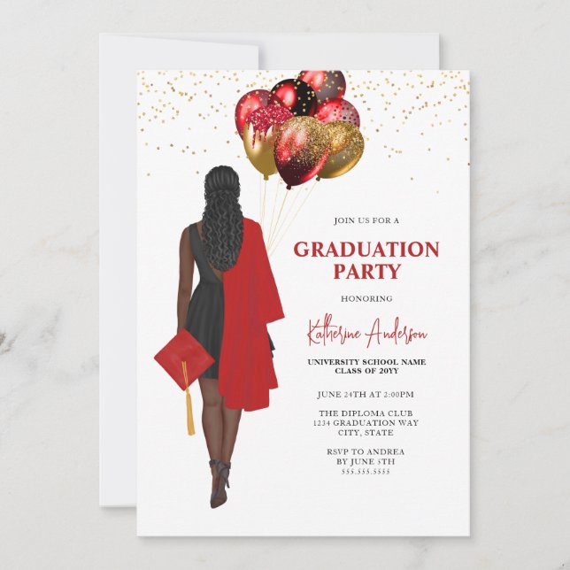 AfFemale Red Graduation Party Invitation (Front)