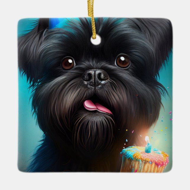 Affenpinscher celebrating Birthday Balloons cake Ceramic Ornament (Front)