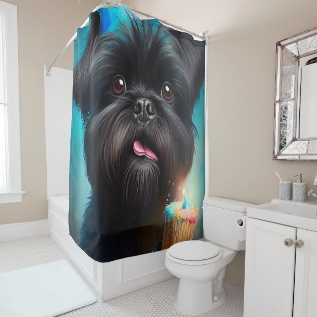 Affenpinscher celebrating Birthday Balloons cake Shower Curtain (In Situ)