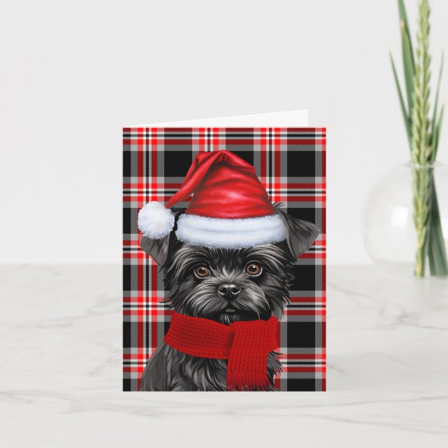 Affenpinscher Christmas Dog Red Plaid Christmas Holiday Card (Front)
