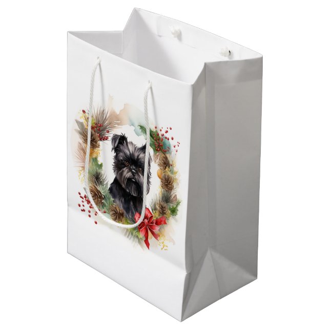 Affenpinscher Christmas Wreath Festive Pup Medium Gift Bag (Front Angled)