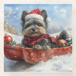Affenpinscher Dog in Sledge Let it Snow Christmas Glass Coaster