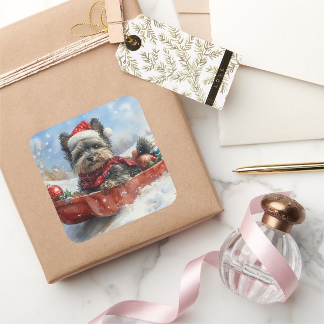 Affenpinscher Dog in Sledge Let it Snow Christmas Square Sticker (Gifting)