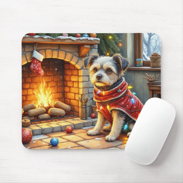 Affenpinscher Sitting Fireplace Christmas Lights Mouse Pad (With Mouse)
