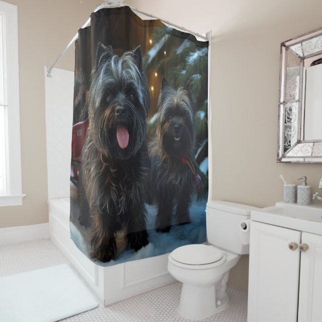 Affenpinscher Snowy Sleigh Ride Christmas Decor Shower Curtain (In Situ)