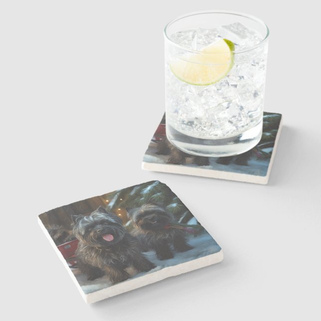 Affenpinscher Snowy Sleigh Ride Christmas Decor Stone Coaster (Side)