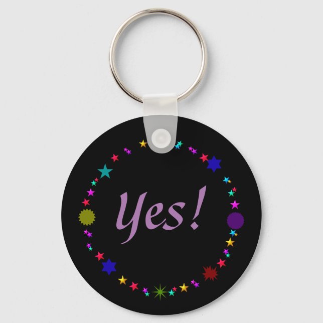 Affirm Yes! Colourful Retro Stars on Black Key Ring (Front)