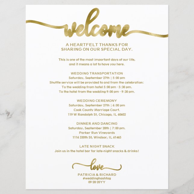 Affordable Chic Calligraphy Wedding Itinerary (Front)