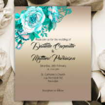 Affordable Gold and Turquoise Roses Wedding Invite