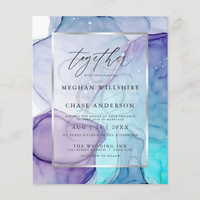 Affordable Wedding Chic Aqua Purple Abstract Ink (Front)
