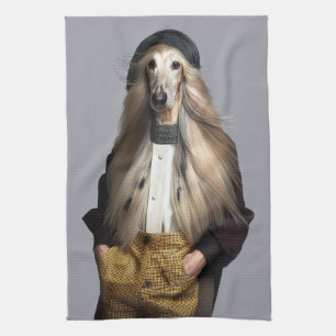 Afghan dog blonde hair in trousers  tea towel