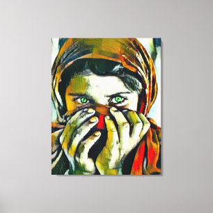 Afghan Girl With Green Eyes Oil Portrait Canvas Print