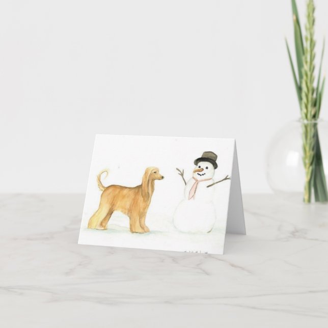 Afghan Hound and Snowman Dog Art Note Card (Front)