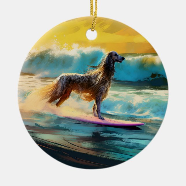 Afghan Hound Beach Surfing Painting  Ceramic Tree Decoration (Front)