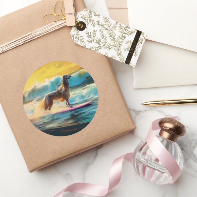 Afghan Hound Beach Surfing Painting  Classic Round Sticker (Gifting)