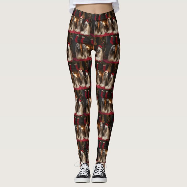Afghan Hound by the Fireplace Christmas Leggings (Front)