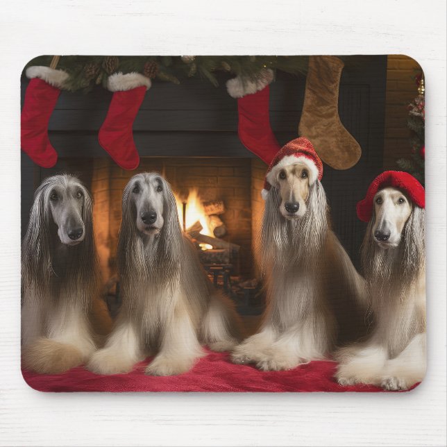 Afghan Hound by the Fireplace Christmas Mouse Pad (Front)
