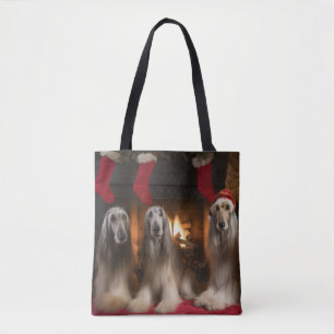 Afghan Hound by the Fireplace Christmas Tote Bag