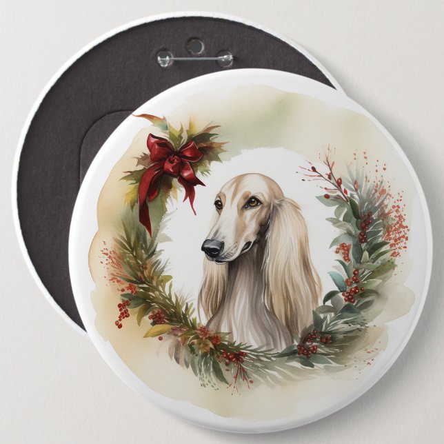 Afghan Hound Christmas Wreath Festive Pup  6 Cm Round Badge (Front & Back)