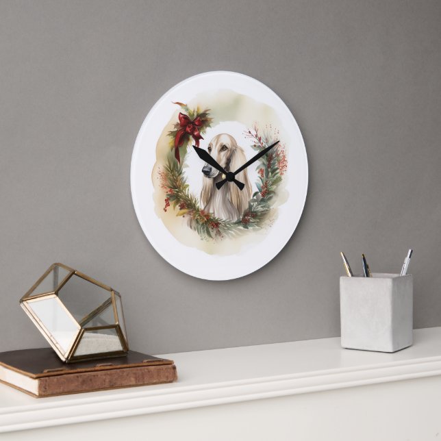 Afghan Hound Christmas Wreath Festive Pup  Large Clock (Office)