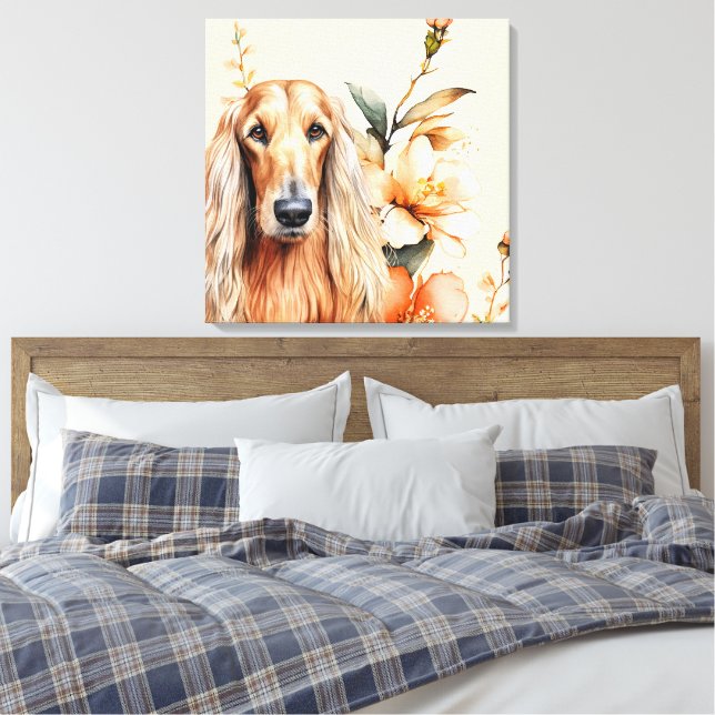 Afghan Hound Dog and Peach Lilies Canvas Print (Insitu(Bedroom))