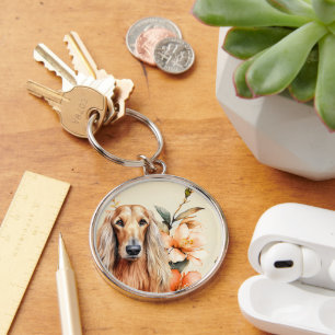 Afghan Hound Dog and Peach Lilies Key Ring