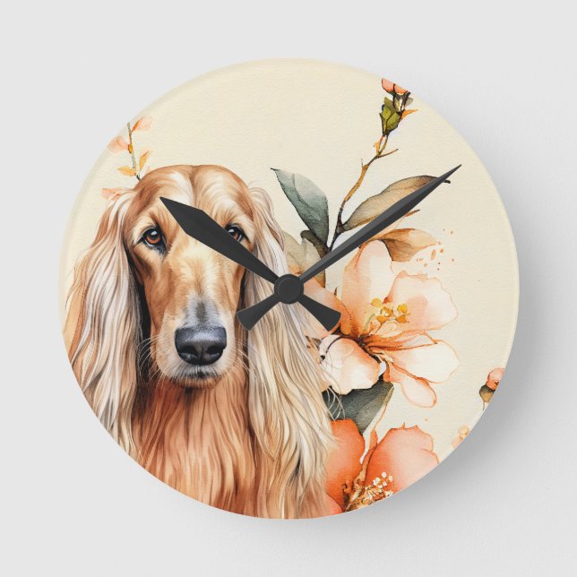 Afghan Hound Dog and Peach Lilies Round Clock (Front)