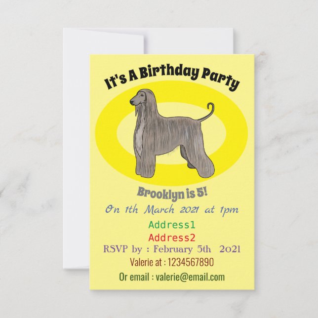 Afghan hound dog cartoon illustration invitation (Front)