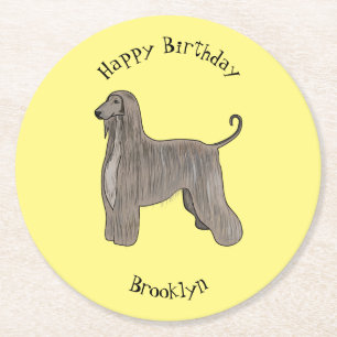 Afghan hound dog cartoon illustration round paper coaster