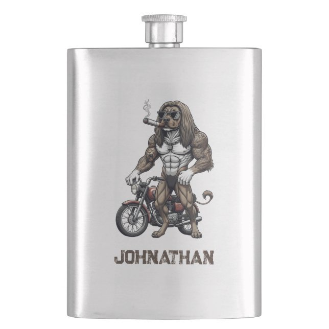 Afghan Hound Dog, muscular, tattooed, bodybuilder  Hip Flask (Front)