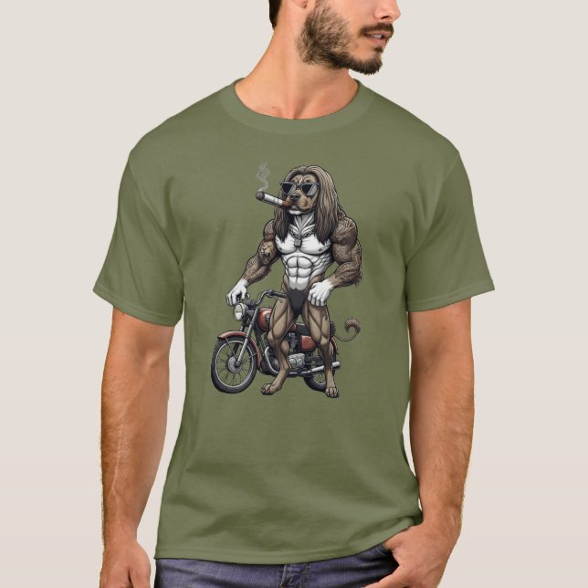 Afghan Hound Dog, muscular, tattooed, bodybuilder  T-Shirt (Front)