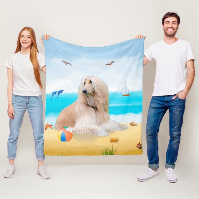 Afghan Hound Dog on Beach Fleece Blanket (In Situ)