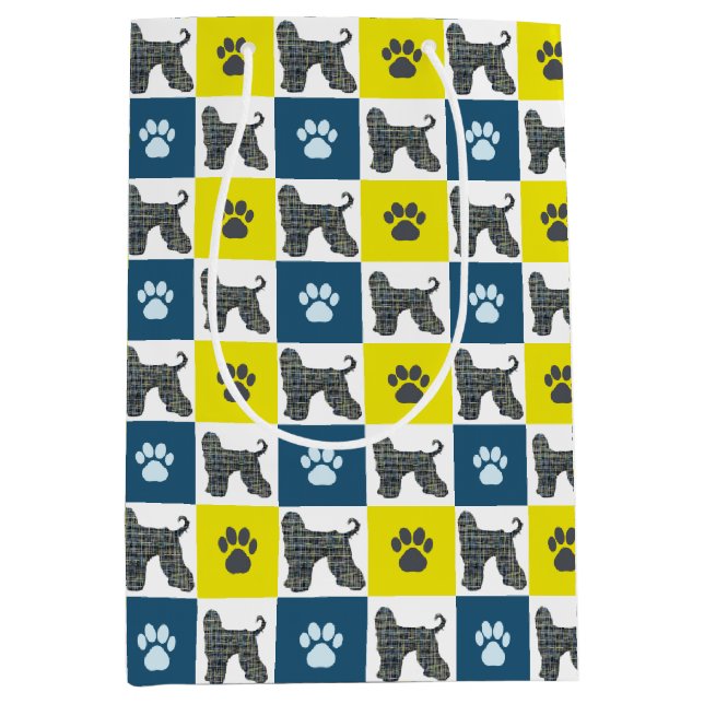 Afghan Hound Dog & Paw Yellow & Black Grid Medium Gift Bag (Front)